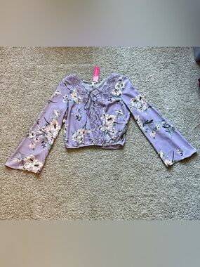 Xhilaration Lavender Floral Lace-Up Cropped Blouse